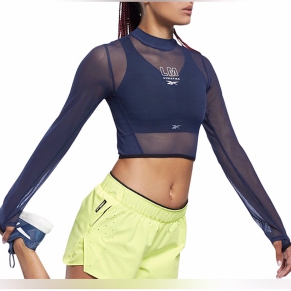 Reebok Les Mills Mesh Long Sleeve Fitted Crop Top T-Shirt SMALL Blue - Picture 1 of 12